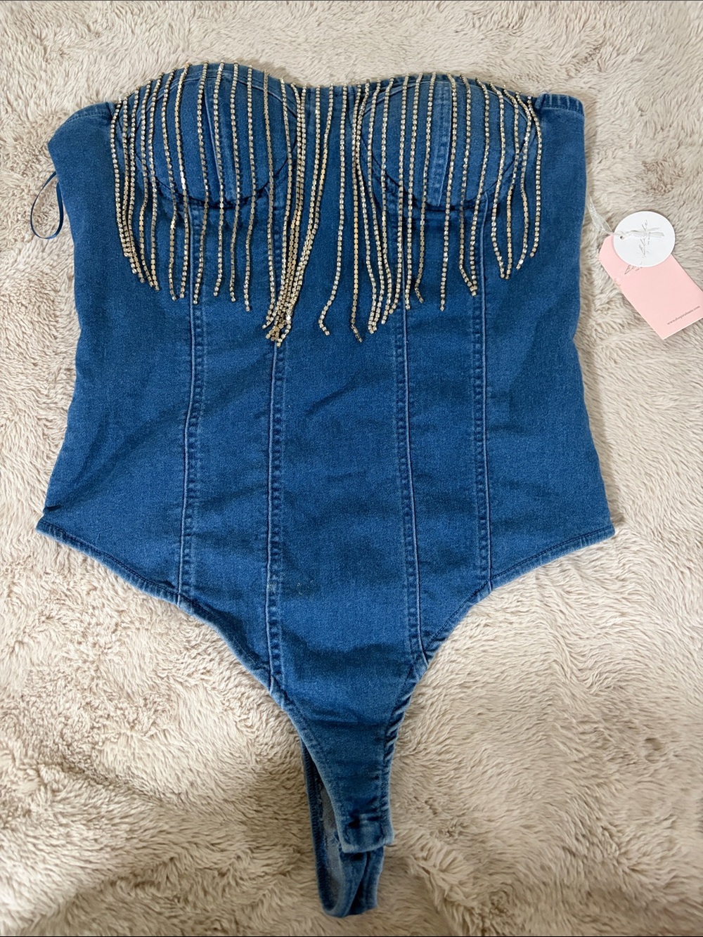 Strapless Denim Corset Bodysuit with Gold Fringe